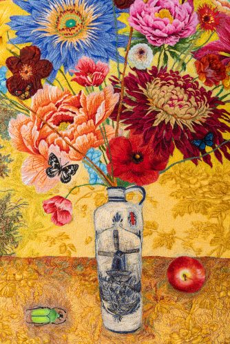 Small Vase of Flowers with Beetle and Yellow Sky, detail