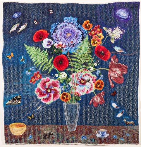 Small Vase of Flowers with Galaxies and a Train