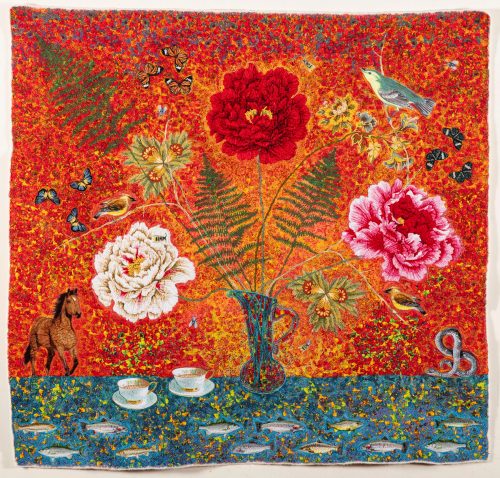 Small Vase of Flowers with Red Sky and Horse