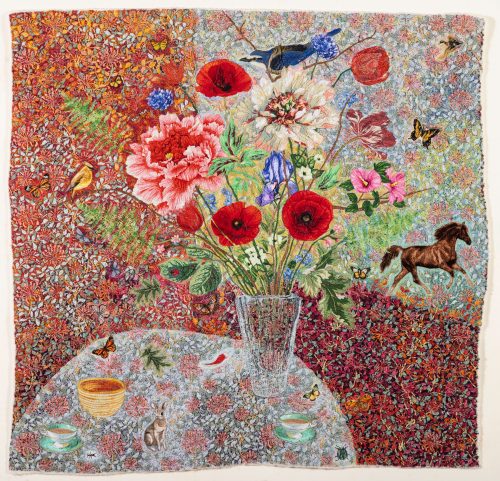 Small Vase of Flowers with Three Poppies and Running Horse